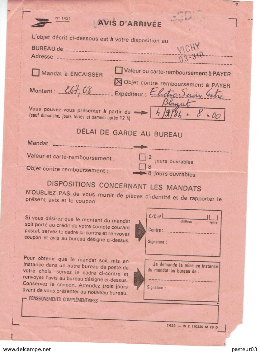 Avis D'Arrivée Du 04-09-1984 Vichy Allier - Cartas & Documentos