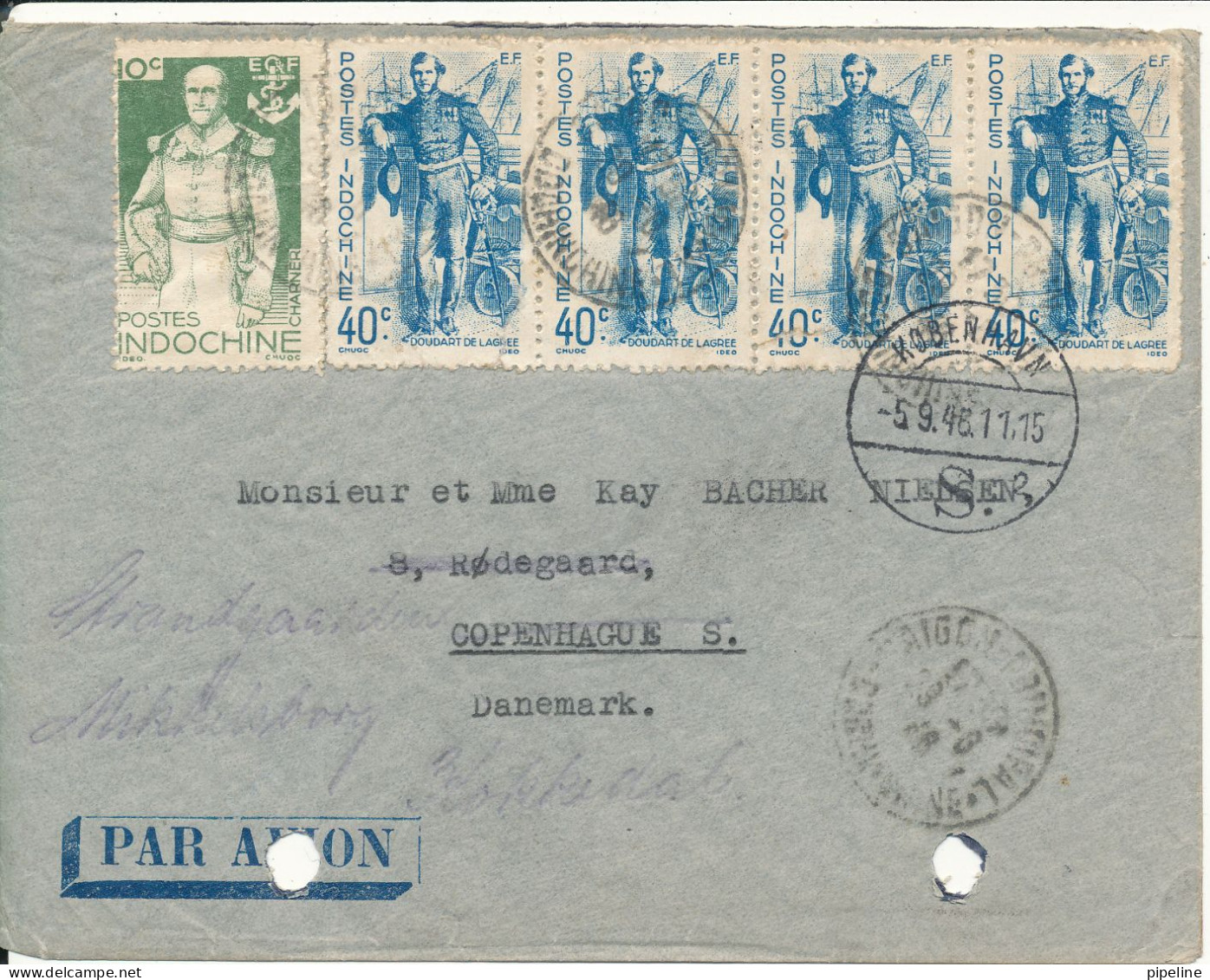 Indochina Air Mail Cover Sent To Denmark 29-8-1946 Archive Holes In The Bottom Of The Cover - Brieven En Documenten