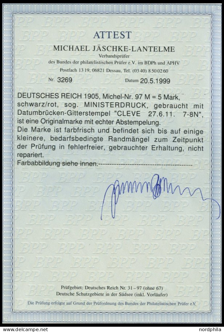 Dt. Reich 97AIM O, 1905, 5 M. Ministerdruck, Rahmen Dkl`gelbocker Quarzend, Fotoattest Jäschke-L.: Die Marke Ist Farbfri - Used Stamps