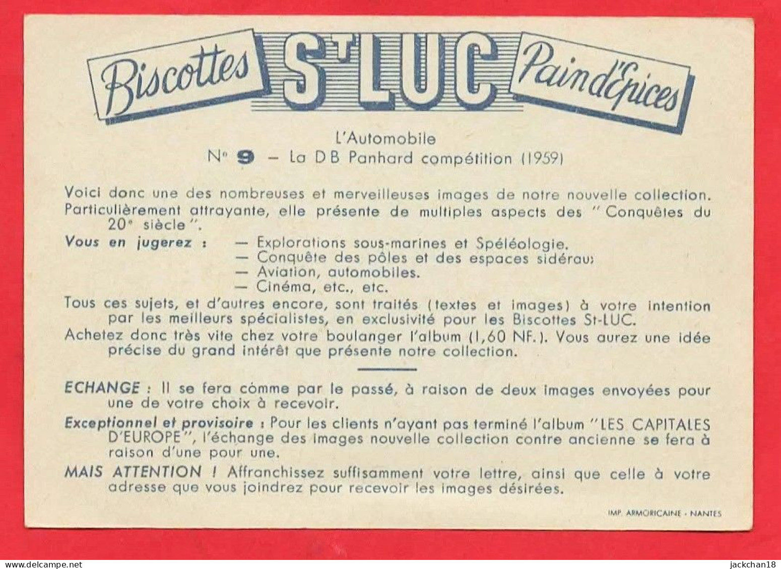 -- St LUC BISCOTTES PAIN D'EPICES / L'AUTOMOBILE / LA D B PANHARD COMPETITION (1959)  N° 9 -- - Autres & Non Classés