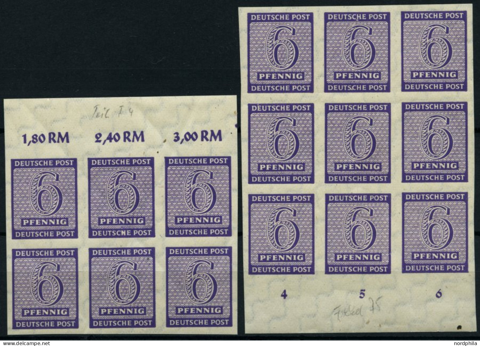 WEST-SACHSEN 117X I,II **, 1945, 6 Pf. Grauviolett, Wz 1X, Beide Abarten, Je Im Sechser- Bzw. Neunerblock Vom Rand, Prac - Other & Unclassified