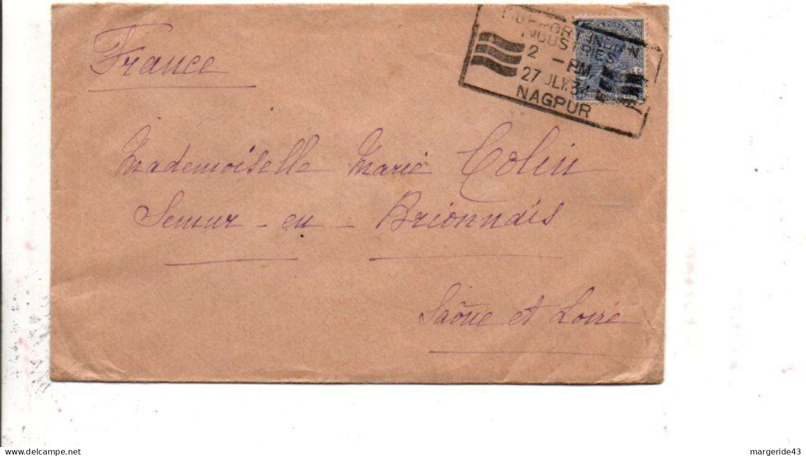 INDE GB SEUL SUR LETTRE DE NAGPUR POUR LA FRANCE 1934 - 1911-35  George V