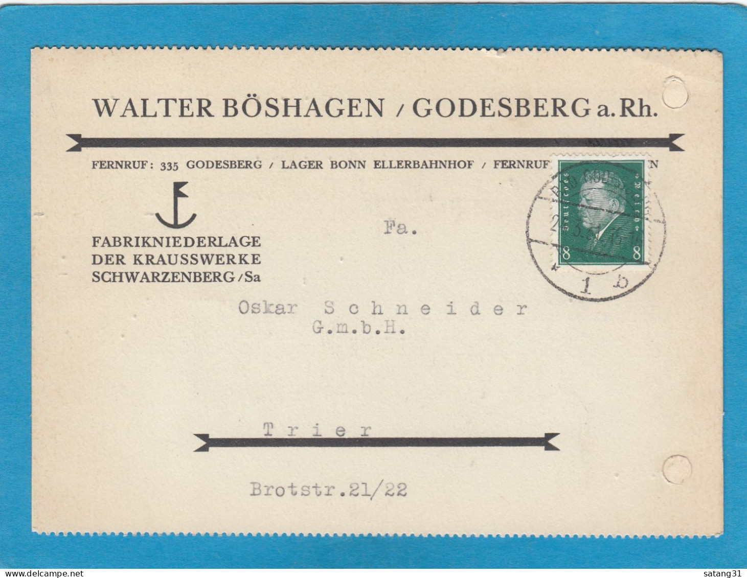 FABRIKNIEDERLAGE DER KRAUSSWERKE SCHWARZENBERG.FIRMENKARTE AUS BAD GODESBERG NACH TRIER,1931. - Covers & Documents