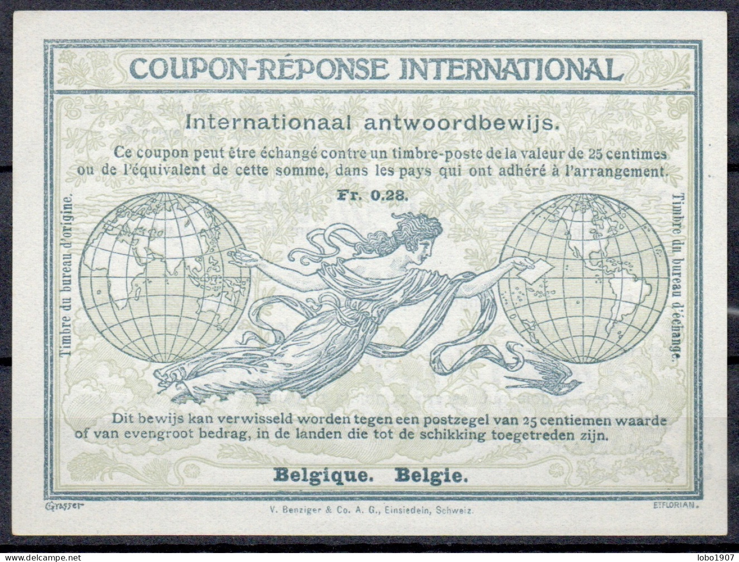 BELGIQUE BELGIE BELGIUM  Ro4  Fr. 0.28  International Reply Coupon Reponse Antwortschein IRC IAS Cupon Respuesta  Mint * - Internationale Antwoordcoupons