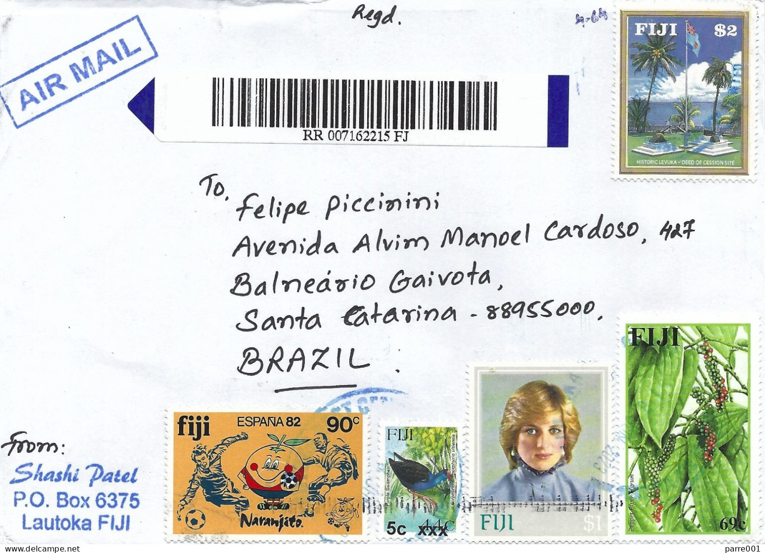 Fiji 2023 Lautoka World Cup Spain Princess Diana Pepper Cession Monument Overprint 5c On 44c Registered Cover - Fiji (1970-...)