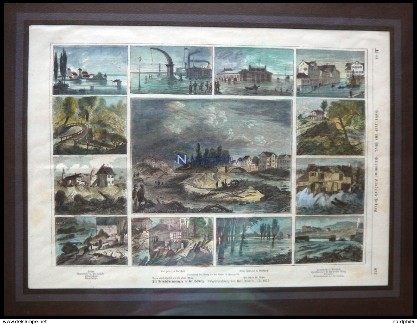 Die ÜBERSCHWEMMUNGEN, 13 Ansichten Auf Einem Blatt, Kolorierter Holzstich Um 1880 - Litografia