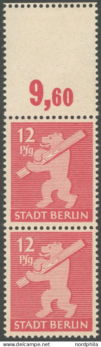 BERLIN UND BRANDENBURG 5AAwazL **, 1945, 12 Pf. Mittelkarminrot, Graurosa Papier, Geriffelter Gummi, Mit Oben Anhängende - Berlijn & Brandenburg