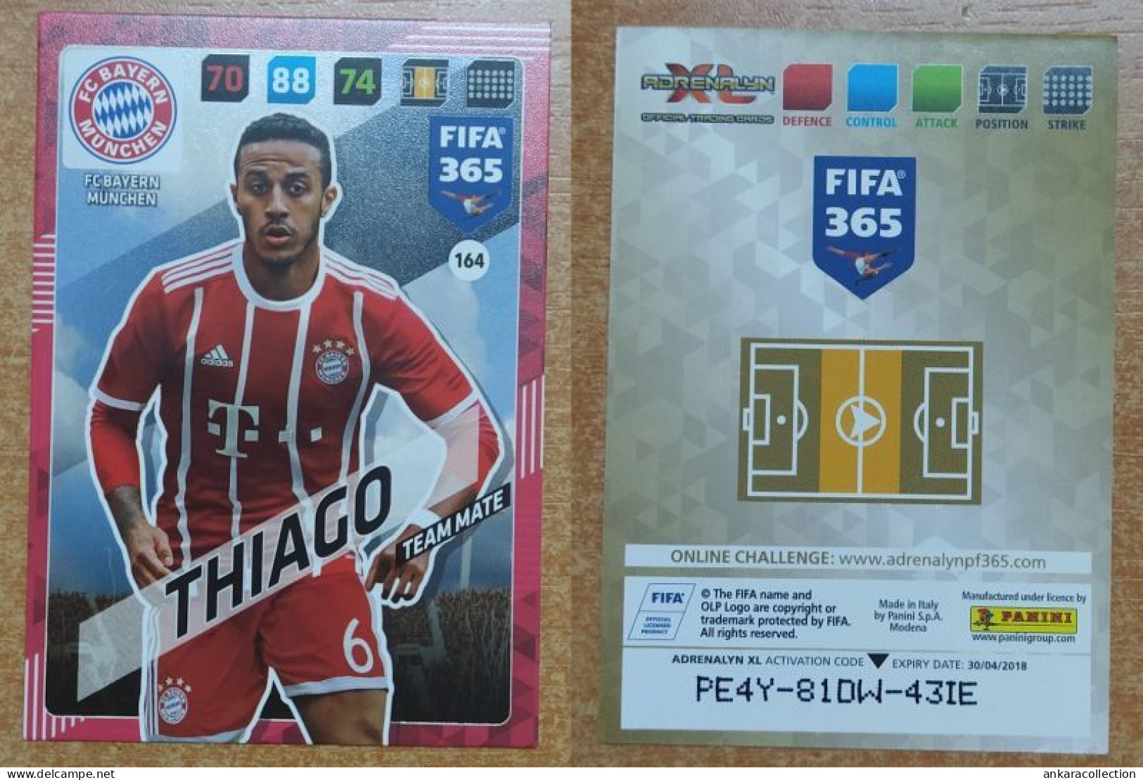 AC - 164 THIAGO  BAYERN MUNICH  PANINI FIFA 365 2018 ADRENALYN TRADING CARD - Trading Cards