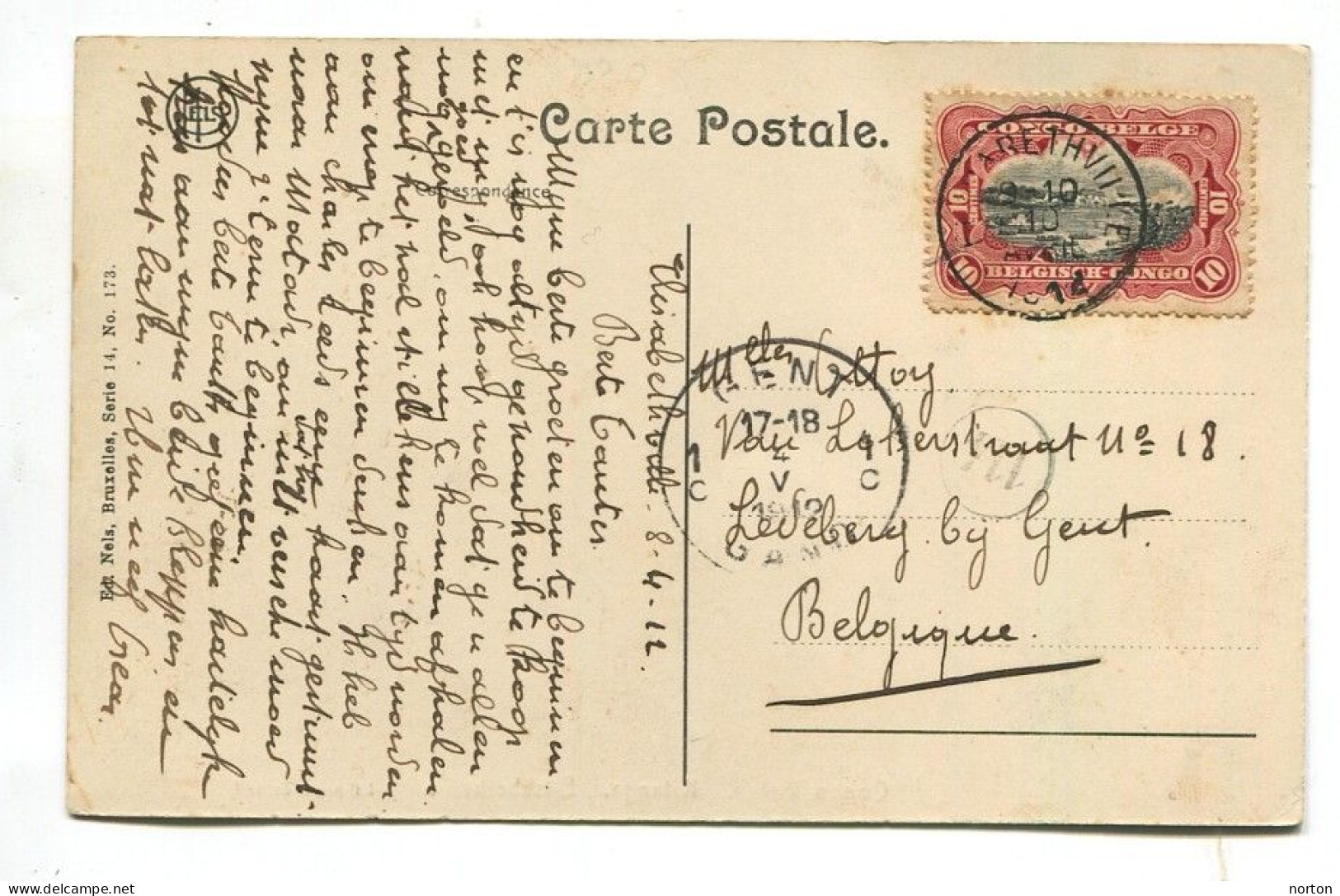 Congo Elisabethville Oblit. Keach 1.1-tDMY Sur C.O.B. 55 Sur Carte Postale Vers Gent Le 10/04/1912 - Brieven En Documenten