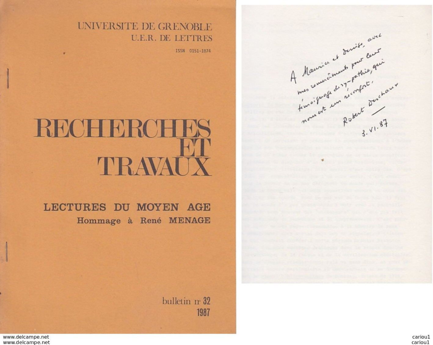 C1  Robert DESCHAUX Lectures Du MOYEN AGE Hommage Rene Menage 1987 DEDICACE PORT INCLUS FRANCE - Libros Autografiados