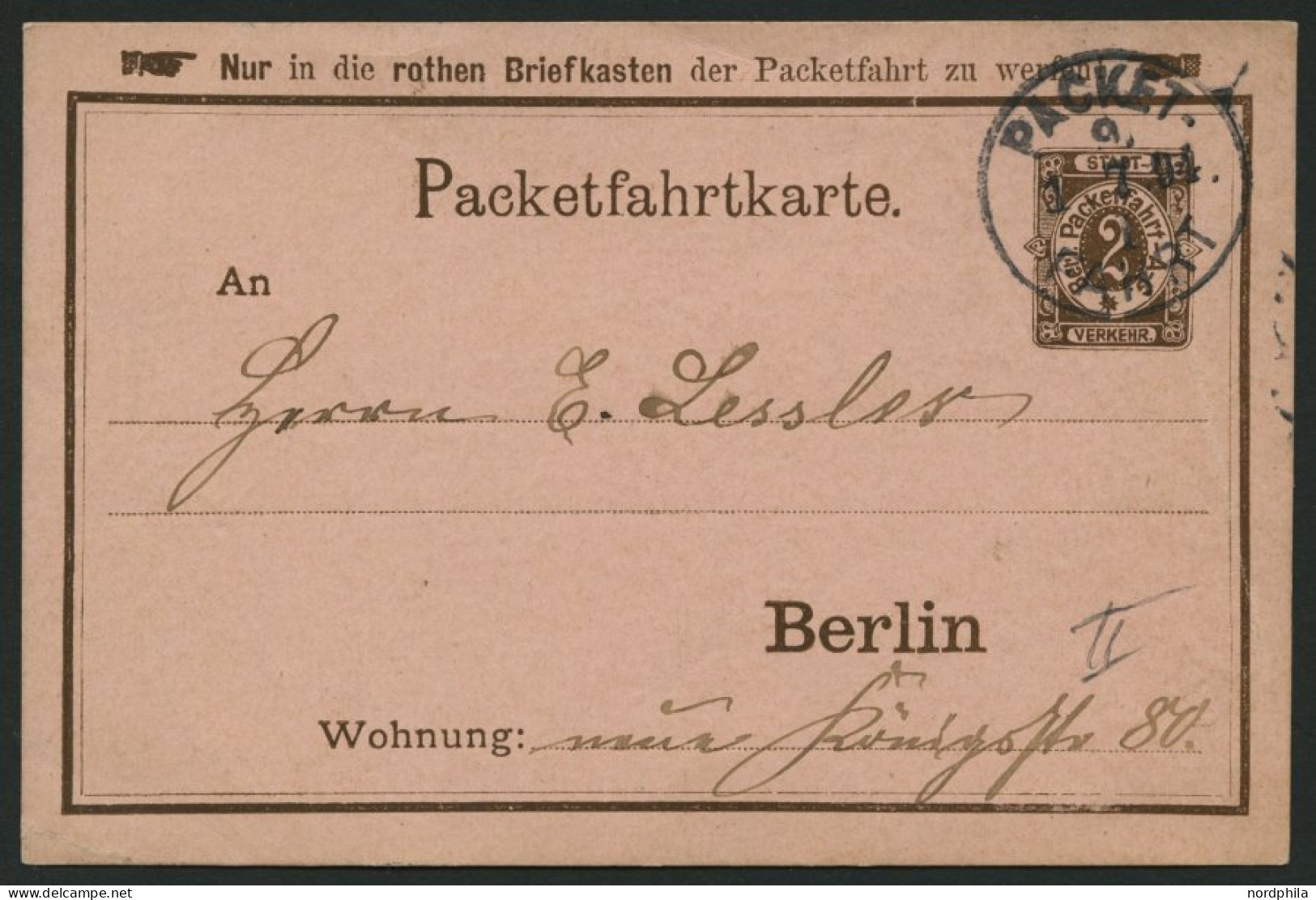 BERLIN B P BRIEF, PACKETFAHRT GESELLSCHAFT: 1894, 2 Pf. Braun Ganzsachen-Bedarfskarte, Karton Rosa, Pracht - Posta Privata & Locale