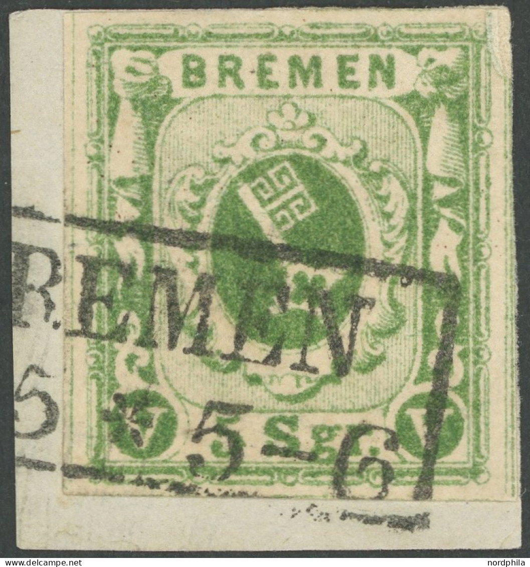 BREMEN 4b BrfStk, 1861, 5 Sgr. Moosgrün, Allseits Breitrandig, Kabinettbriefstück, Gepr. Pfenninger, Mi. (380.-) - Brême