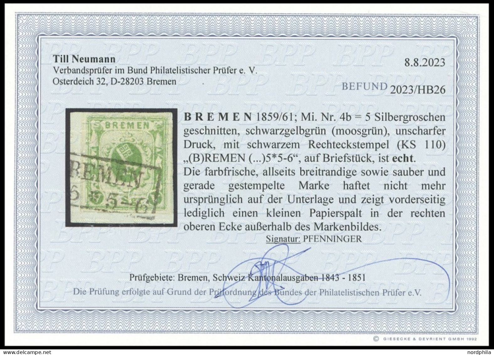 BREMEN 4b BrfStk, 1861, 5 Sgr. Moosgrün, Allseits Breitrandig, Kabinettbriefstück, Gepr. Pfenninger, Mi. (380.-) - Bremen