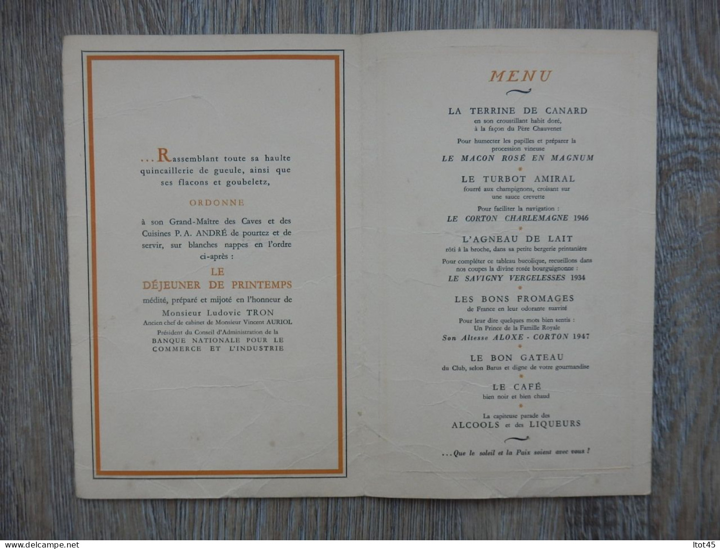 MENU LE CLUB GASTRONOMIQUE DU CINEMA 04 AVRIL 1951 - Menu