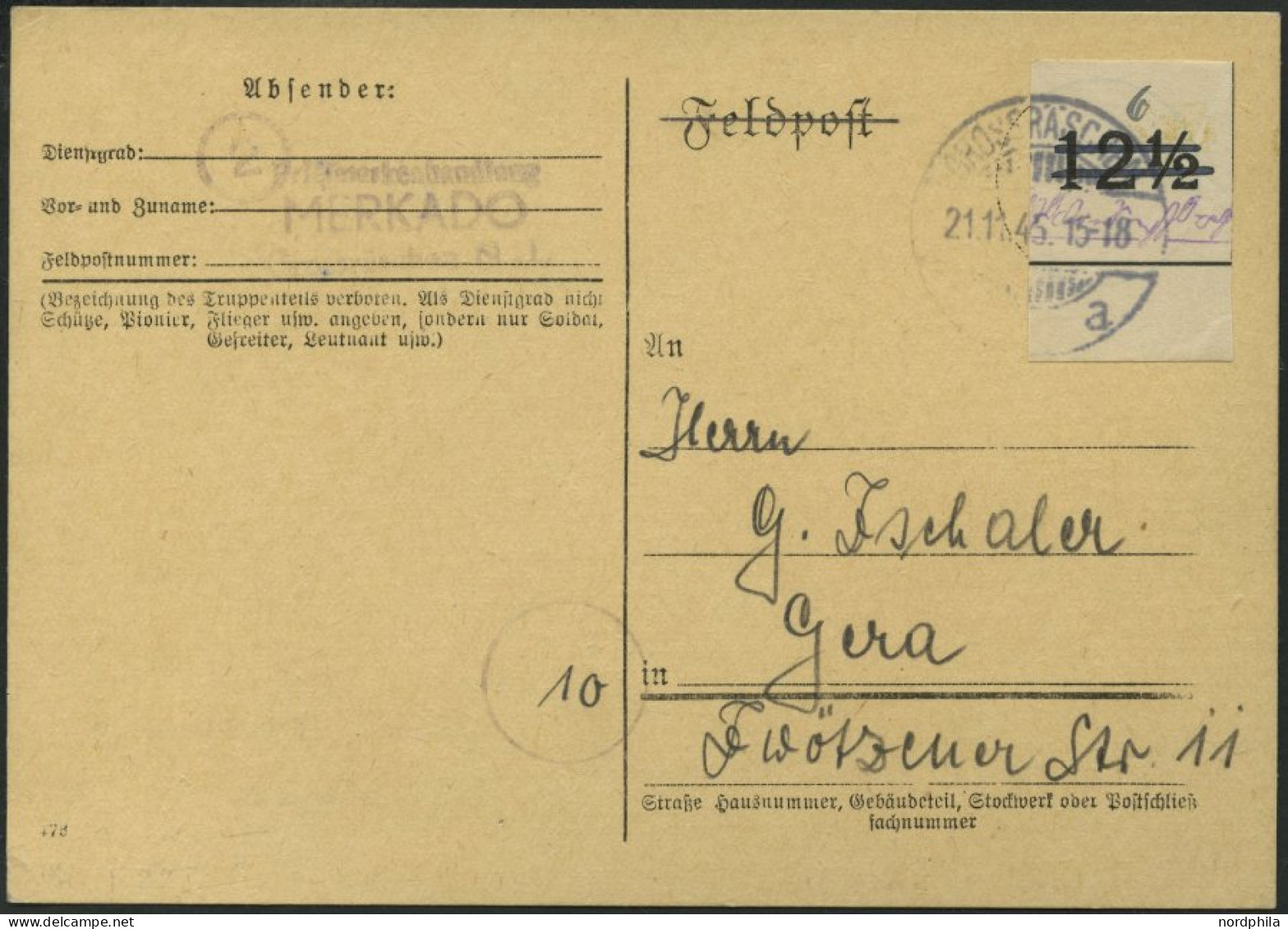 GROSSRÄSCHEN-VORLÄUFER V 22IU BRIEF, 1945, 6 Pf. Wertziffer Schwarz Statt Rot, Ungezähnt, Unterrandstück, Prachtkarte (r - Correos Privados & Locales