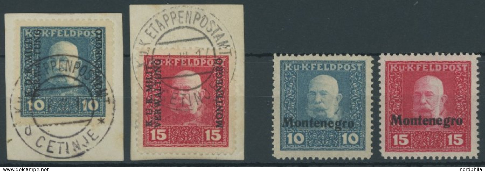 FELDPOST MONTENEGRO 1/2 BrfStk,I,II * , 1917/8 10 Und 15 H. Feldpostmarken, Dreizeiliger Und Einzeiliger Aufdruck, 4 Pra - Other & Unclassified