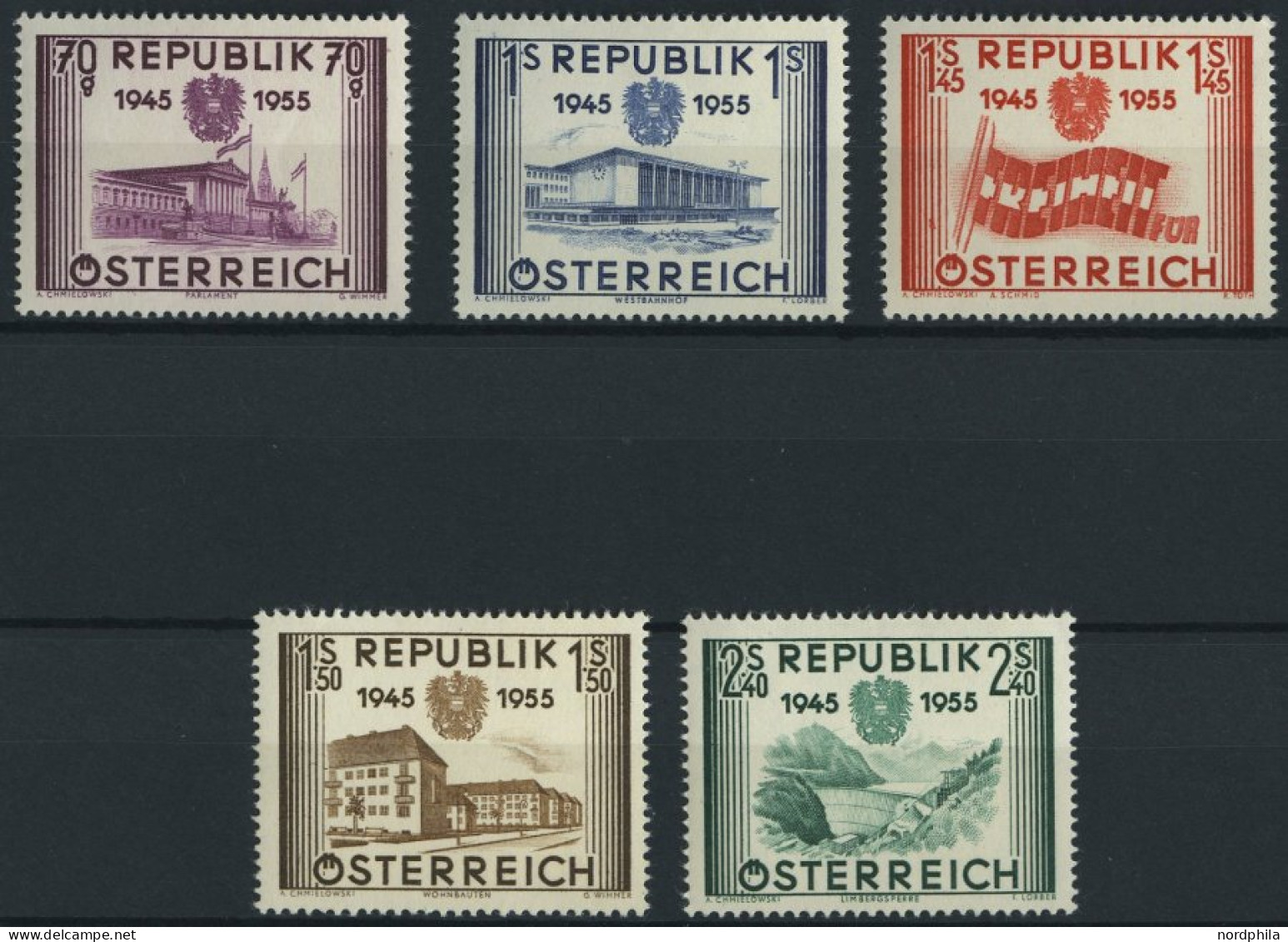 ÖSTERREICH 1012-16 **, 1955, Unabhängigkeit, Prachtsatz, Mi. 60.- - Usati