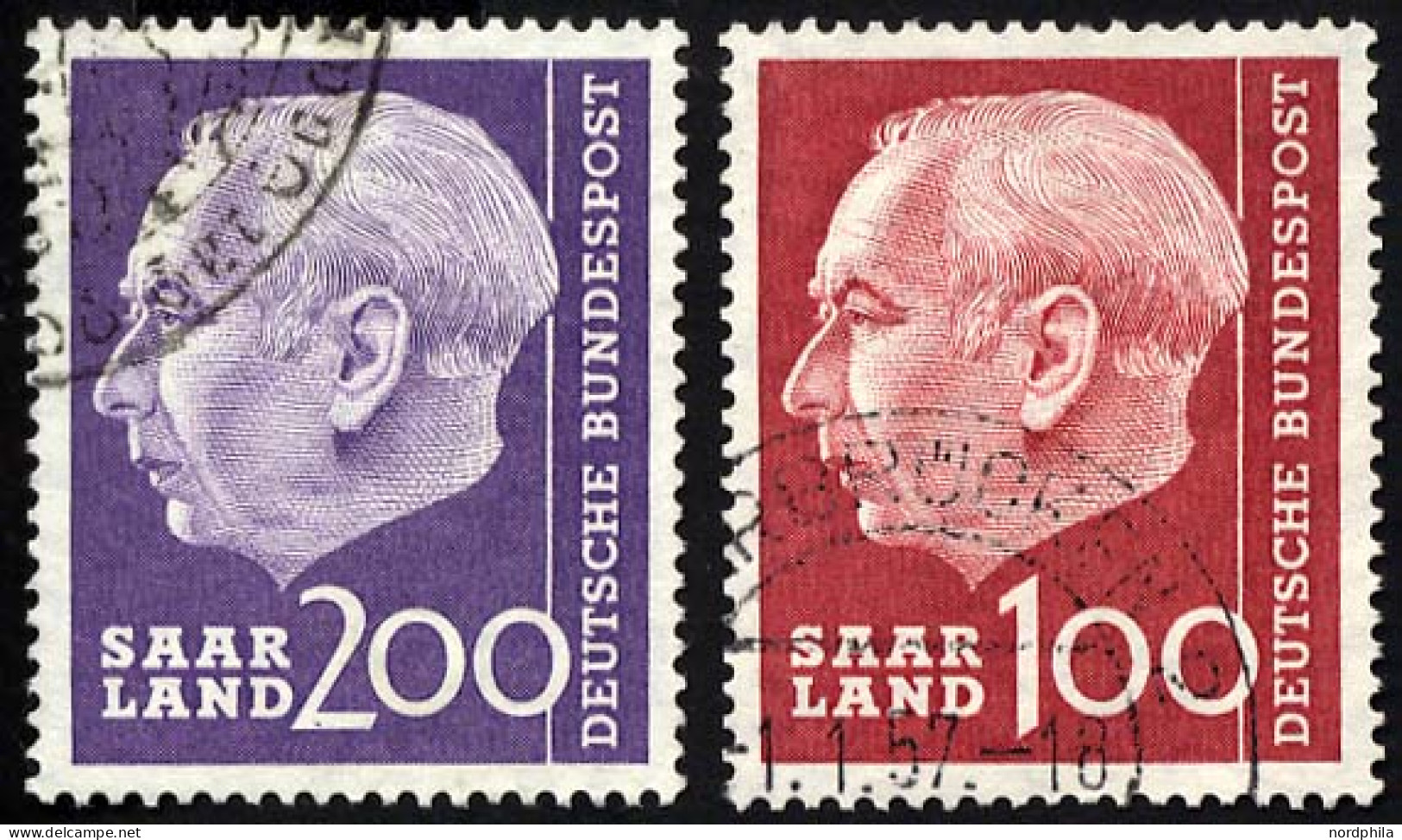 SAARLAND 398/9 O, 1957, 100, 200 Fr. Heuss I, 2 Prachtwerte, Gepr. Ney, Mi. 42.- - Sonstige & Ohne Zuordnung