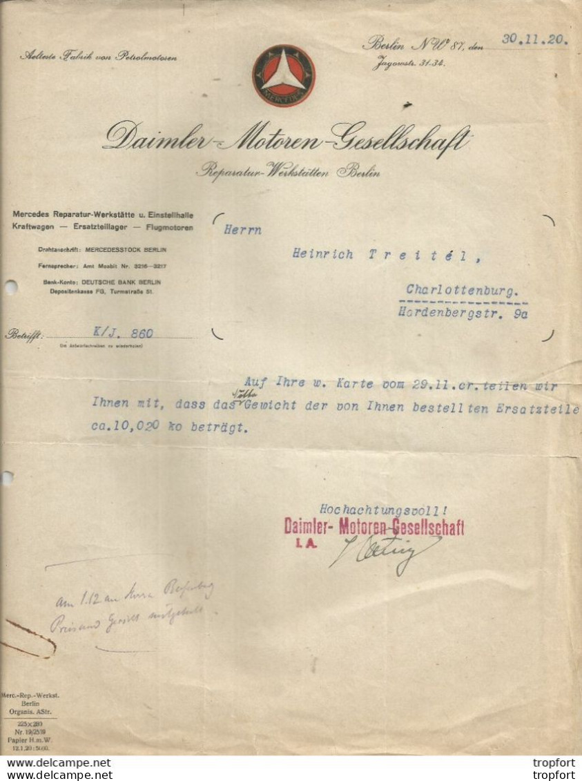 F16 Cpa / Old Invoice / RARE !! Facture Lettre Ancienne MERCEDES 1920 BERLIN Allemagne Daimler Motoren Gesellschaft - Automovilismo