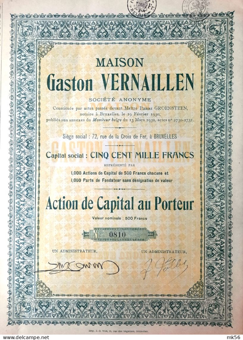 Maison Gaston Vernaillen -1930 - Action  De Capital Au Porteur - Sonstige & Ohne Zuordnung
