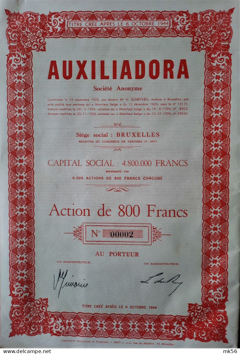 S.A. Auxiliadora - Action De 800 Francs - Brussel - Textile