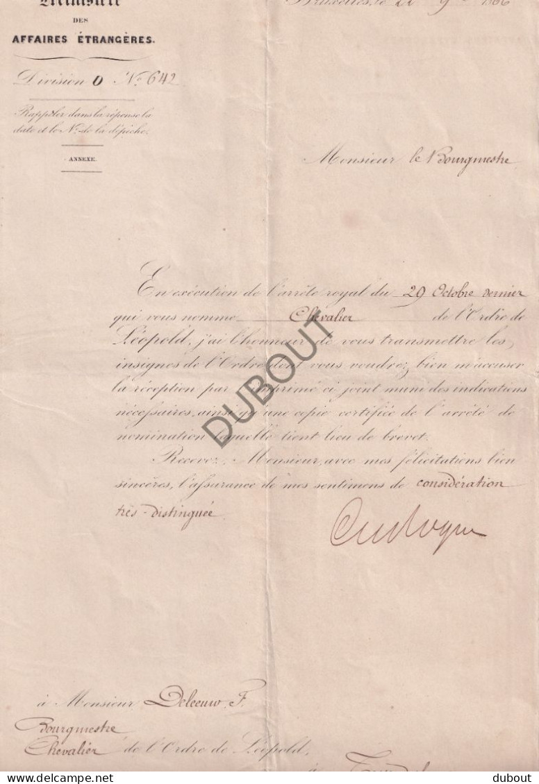 Tessenderlo - Toekenning Ridder Leopoldsorde Aan Burgemeester Deleeuw 1866 (V3060) - Manuscripten