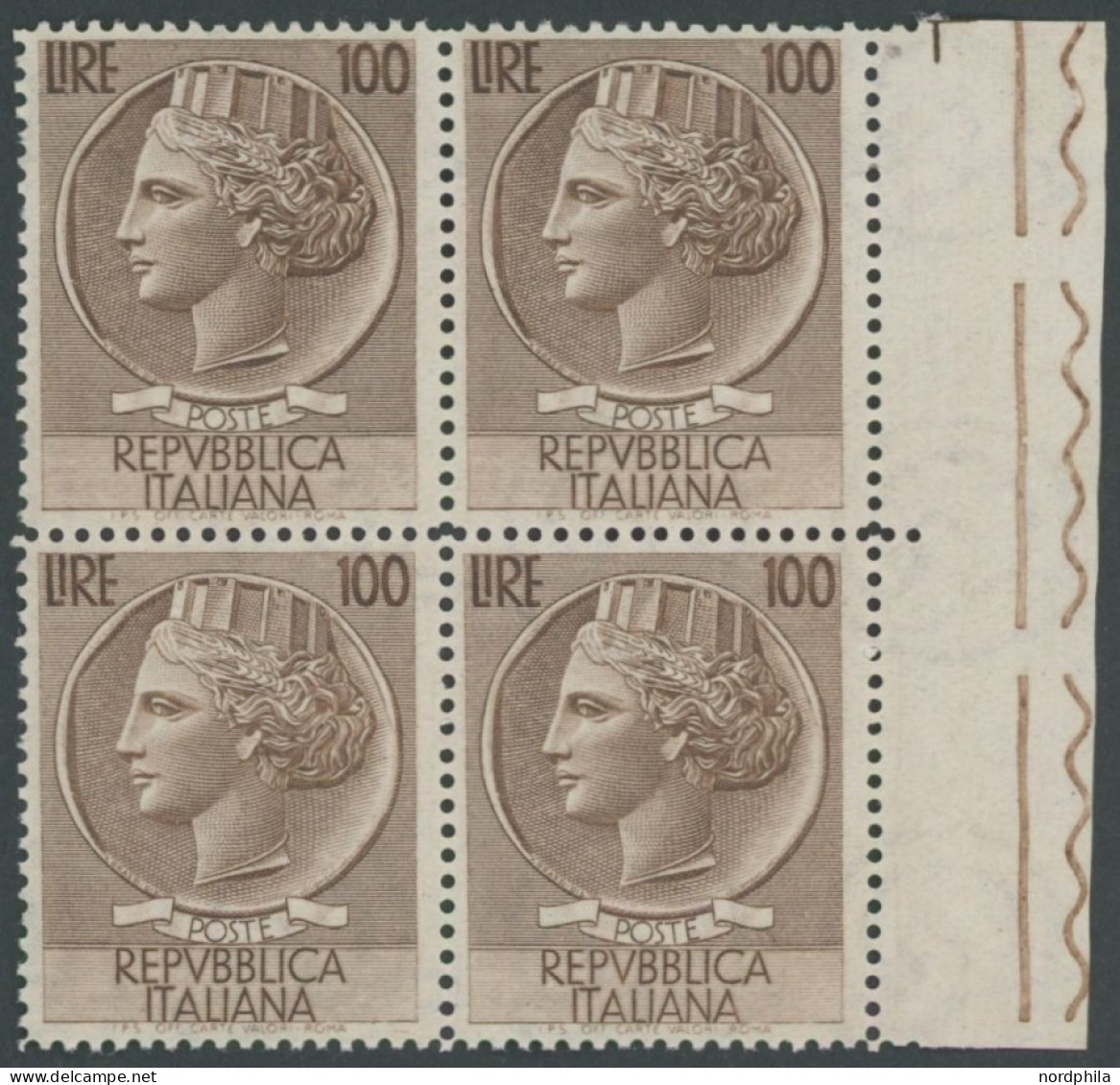 ITALIEN 920A  VB **, 1954, 100 L. Braun, Wz. 3, Gezähnt L 131/4, Im Randviererblock, Postfrisch, Pracht, Mi. 800.- - Non Classés