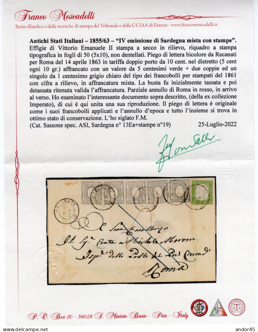 1863 14 APR RARA AFFRANCATURA BICOLORE MISTA FRANCOBOLLI X STAMPATI+ C.5 IV EMISSIONE SASS.13 Ea+STAMPE 19 SU PIEGO DI L - Sardegna