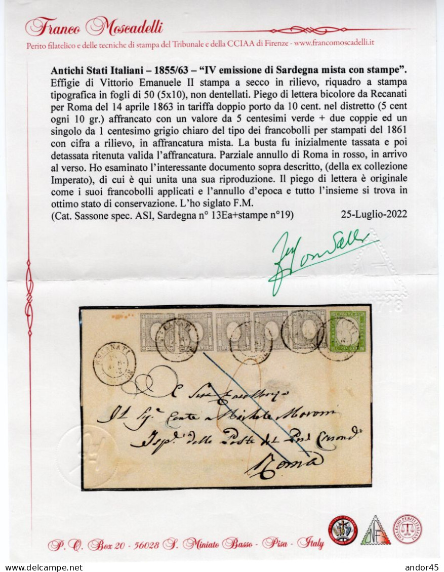 1863 14 APR RARA AFFRANCATURA BICOLORE MISTA FRANCOBOLLI X STAMPATI+ C.5 IV EMISSIONE SASS.13 Ea+STAMPE 19 SU PIEGO DI L - Sardaigne