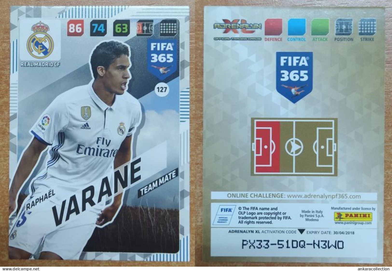 AC - 127 RAPHAEL VARANE  REAL MADRID  PANINI FIFA 365 2018 ADRENALYN TRADING CARD - Trading Cards