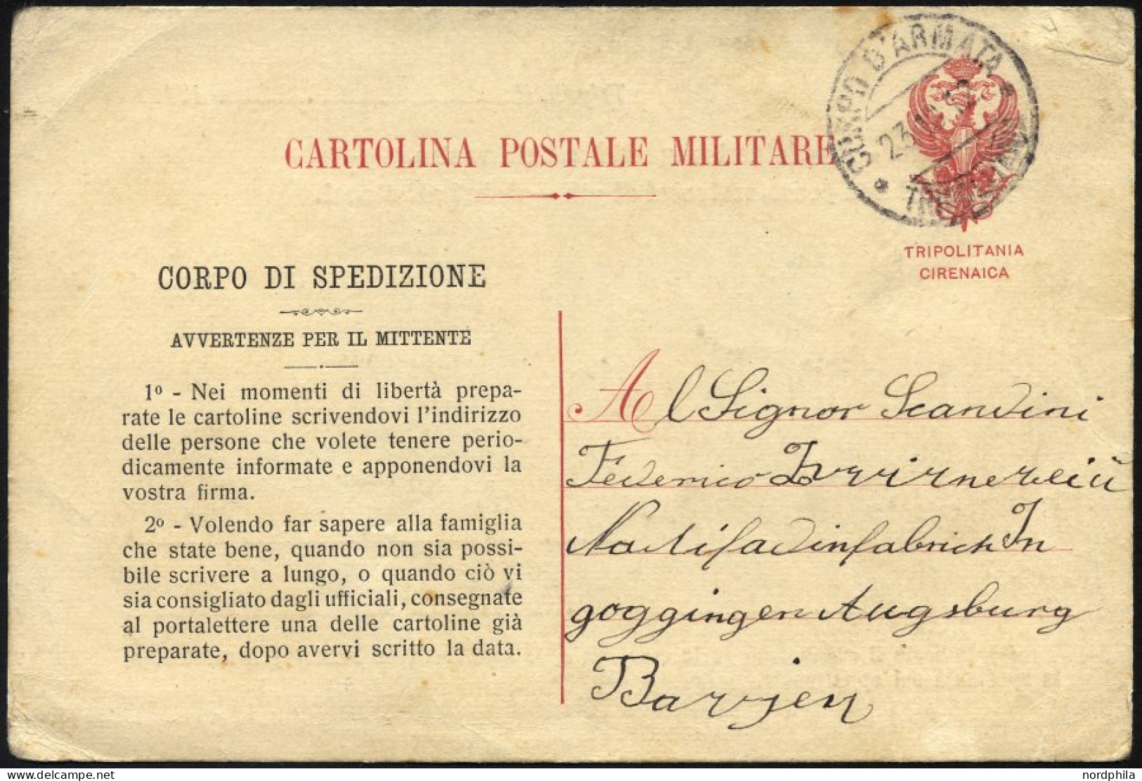 MILITÄRPOST 1912, Feldpoststempel CORPO D`ARMATA TRIPOLITANA Auf Seltener Feldpost-Vordruckkarte, Feinst - Militaire Post (PM)