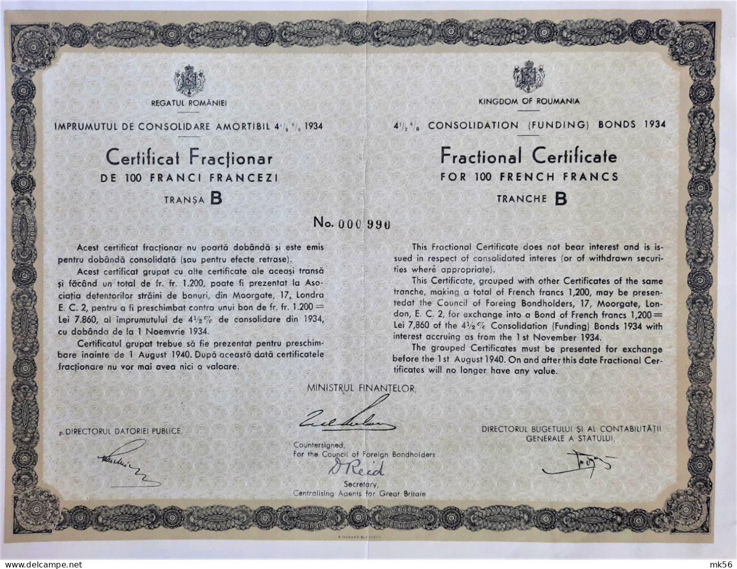 Imprumutul De Consolidare -amortibi 4.5 % 1934 -ctf Fraction. De 100 Ff - Sonstige & Ohne Zuordnung