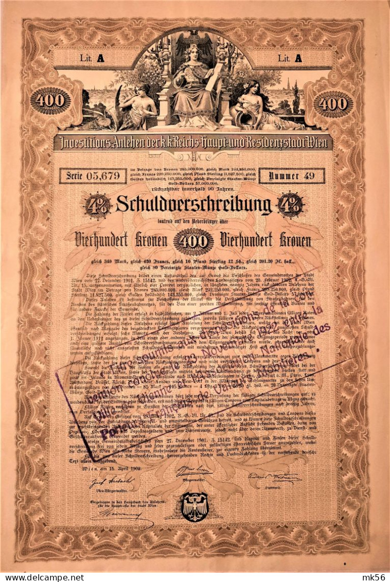 Investitions - Anlehen Der K.k.Reichs-haupt-und-Residenzstadt Wien (1902) - Deko ! - Sonstige & Ohne Zuordnung