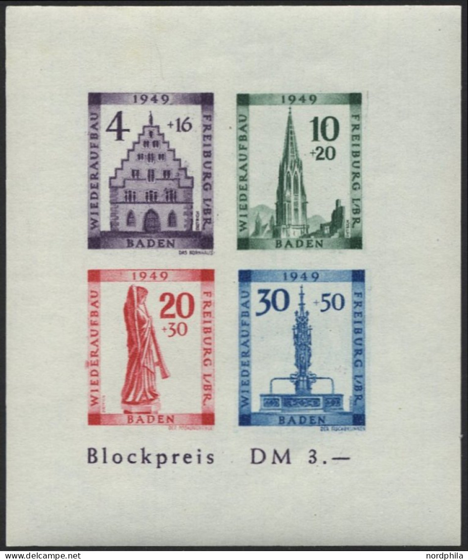 BADEN Bl. 1BV **, 1949, Block Freiburg, Ungezähnt, Mit Abart 20 Pf. Mit Balken über Zweitem E In Wiederaufbau, Gummi Im  - Baden