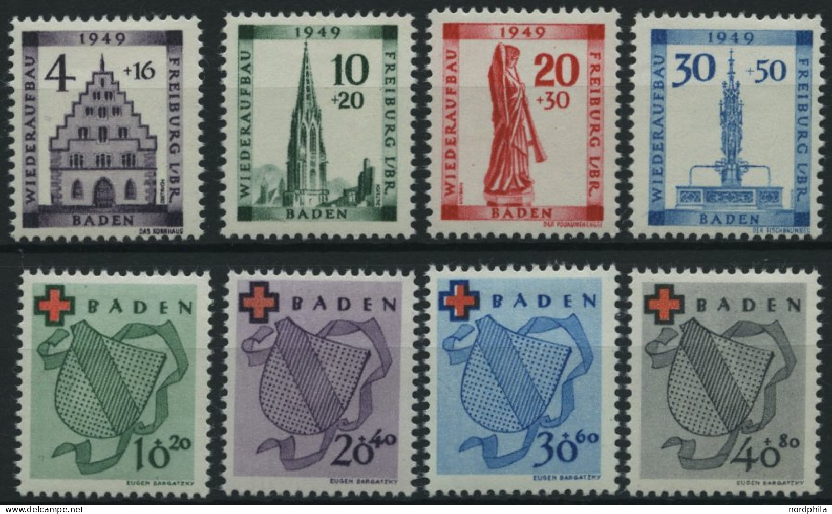 BADEN 38-45A *, 1949, Wiederaufbau Und Rotes Kreuz, Falzrest, 2 Prachtsätze, Mi. 75.- - Baden