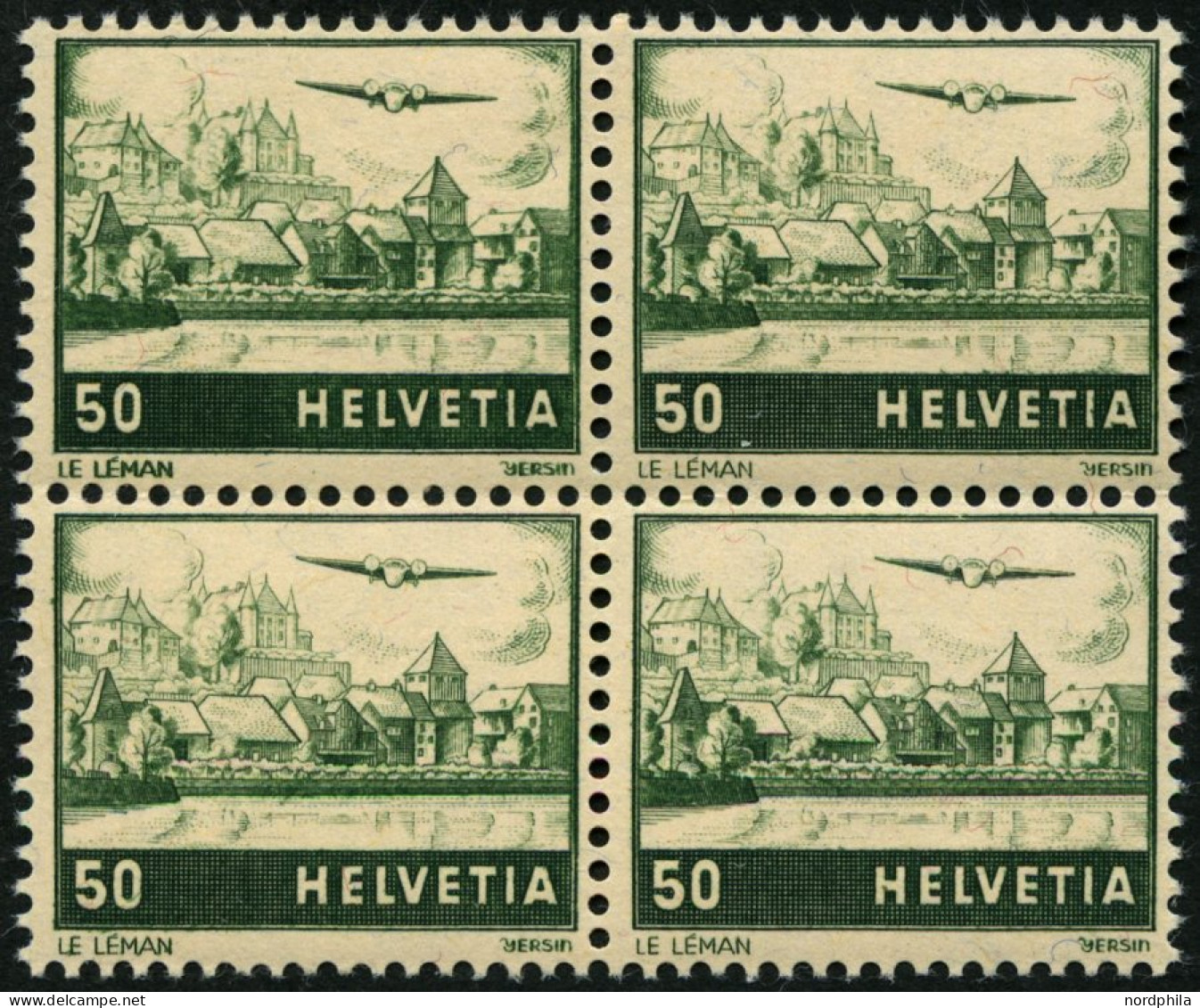 SCHWEIZ BUNDESPOST 389DP **, 1941, 50 C. Flugzeug über Landschaften, Doppelprägung, Im Viererblock Mit Normalen Marken,  - Unused Stamps