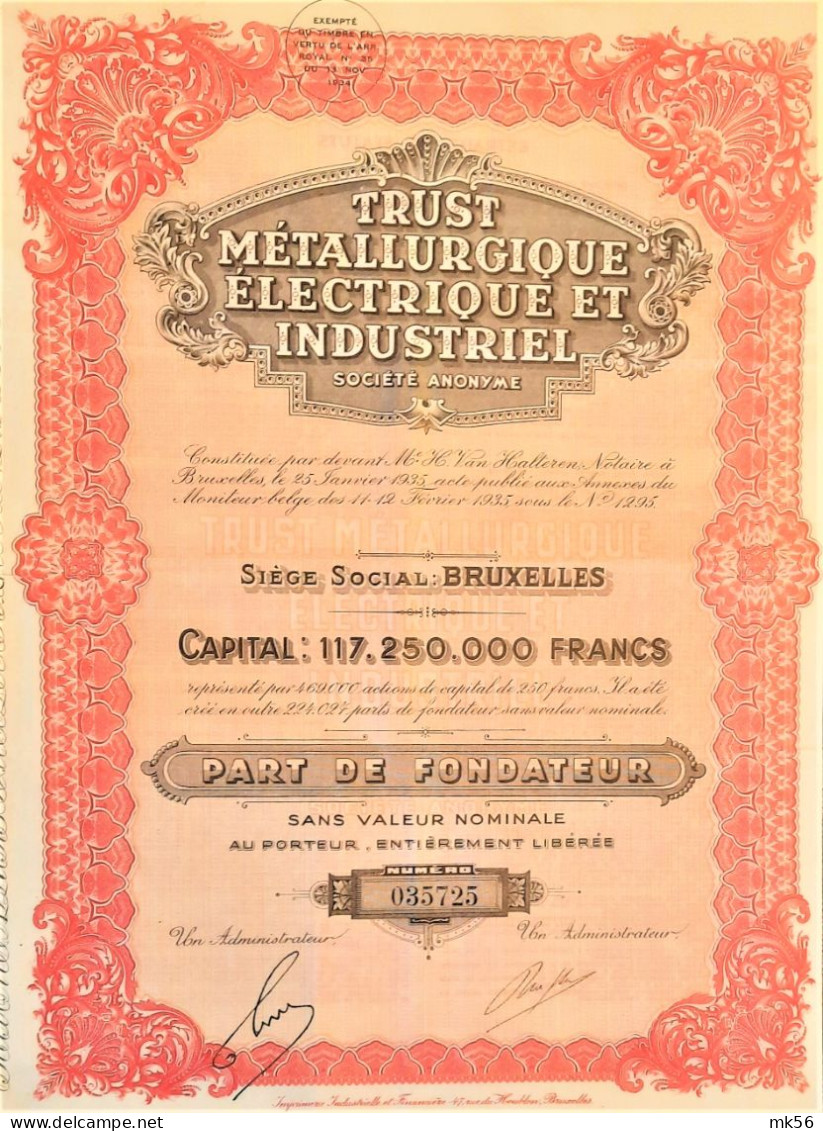 Trust Métallurgique électrique Et Industriel - Part De Fondateur (1935) - Industrial