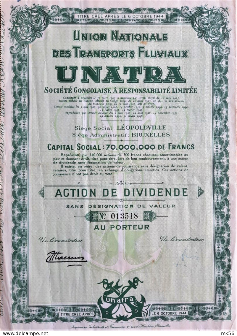 Soc. Congolaise UNATRA - Union Nationale Des Transports Fluviaux - Action De Dividende (1936) Leopoldville - Afrika