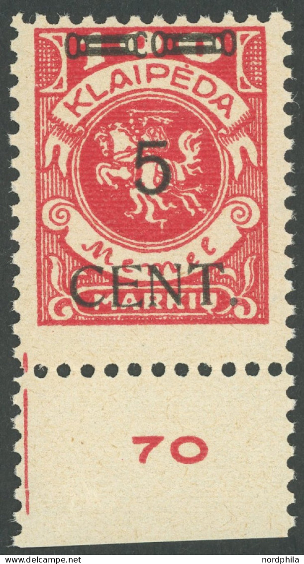 MEMELGEBIET 180IV **, 1923, 5 C. Auf 100 M. Dkl`rosa, Type IV, Unterrandstück, Postfrisch, Pracht, Mi. 195.- - Klaipeda 1923
