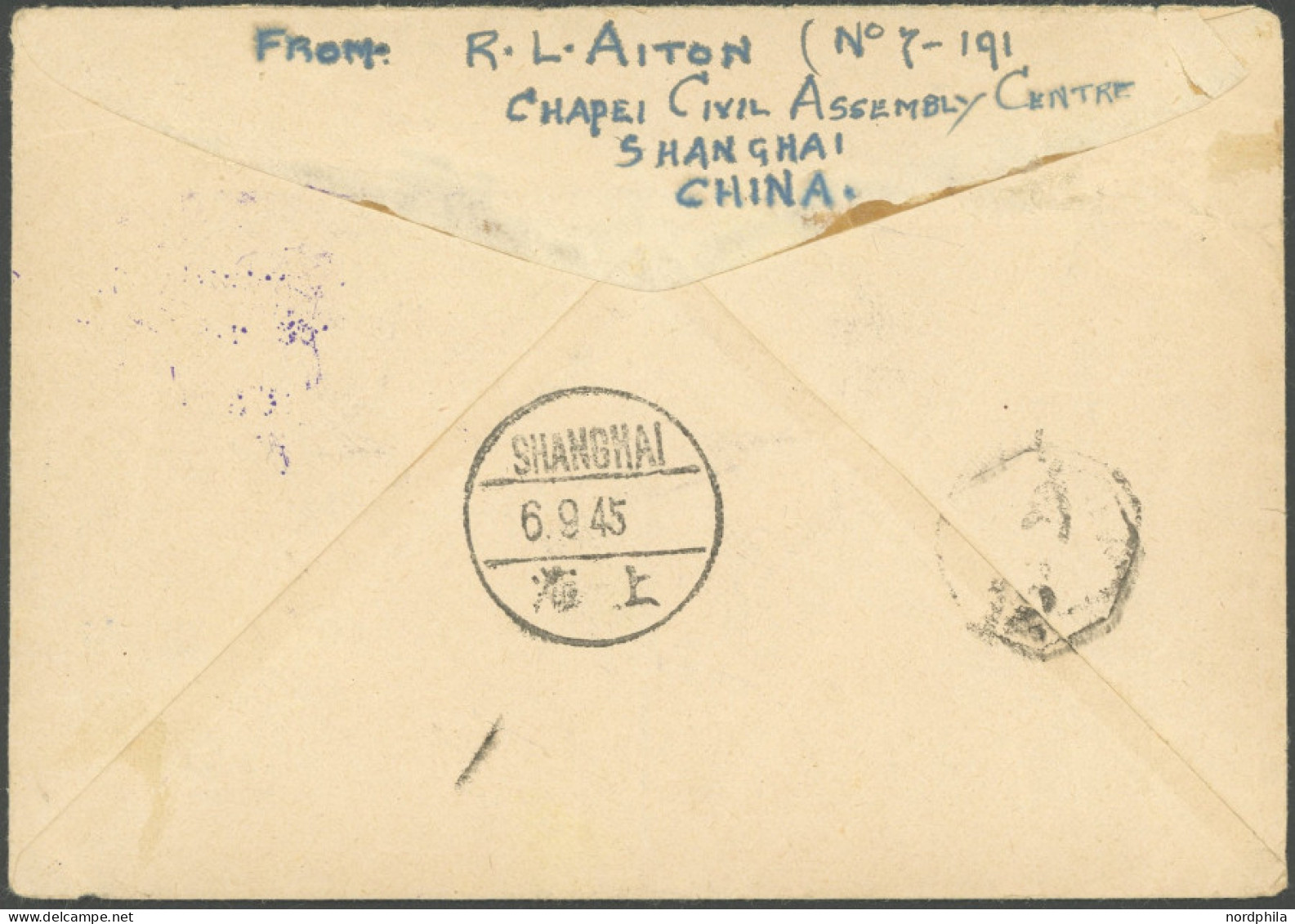 CHINA 1945, INTERNEE MAIL FREE OF POSTAGE SHANGHAI P.O., Seltener Violetter Rahmenstempel Auf Kriegsgefangenenbrief Mit  - Otros & Sin Clasificación