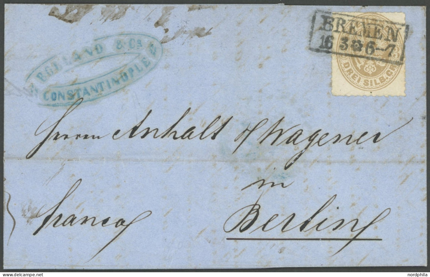 PREUSSEN 18a BRIEF, 1865, Preussen-Frankatur Aus Constantinopel: 3 Sgr. Hellbraun Auf Kleinformatigem Brief Mit Ra2 BREM - Storia Postale