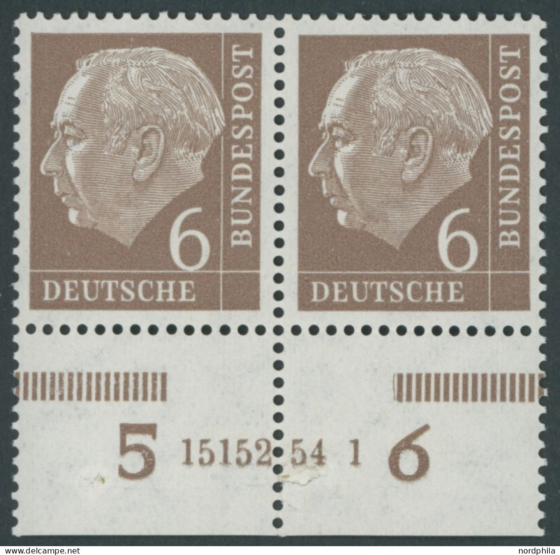 BUNDESREPUBLIK 180xHAN **, 1954, 6 Pf. Heuss, Unterrandpaar Mit HAN 15152.54 1, (Klammerspur), Marken  Postfrisch, Prach - Neufs