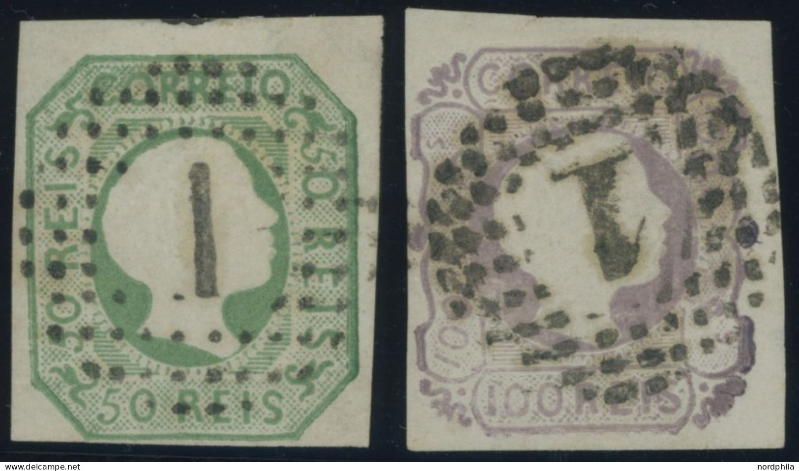 PORTUGAL 7a,8 O, 1855, 50 R. Gelbgrün Und 100 R. Lila, Nummernstempel 1, 2 Prachtwerte, Mi. 230.- - Autres & Non Classés