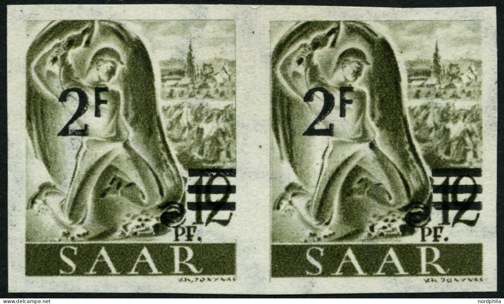 SAARLAND 229YIU  Paar **, 1947,  2 Fr. Auf 12 Pf. Schwarzgrauoliv, Wz. 1Y, Ungezähnt, Im Waagerechten Paar, Pracht, Gepr - Sonstige & Ohne Zuordnung