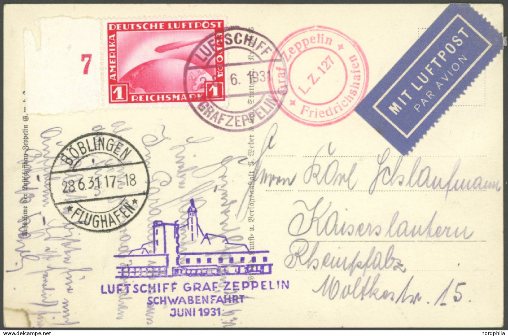 ZEPPELINPOST 112Ab BRIEF, 1931, Schwabenfahrt, Bordpost Nach Böblingen, Frankiert Mit 1 RM, Linkes Randstück Auf Zeppeli - Luchtpost & Zeppelin