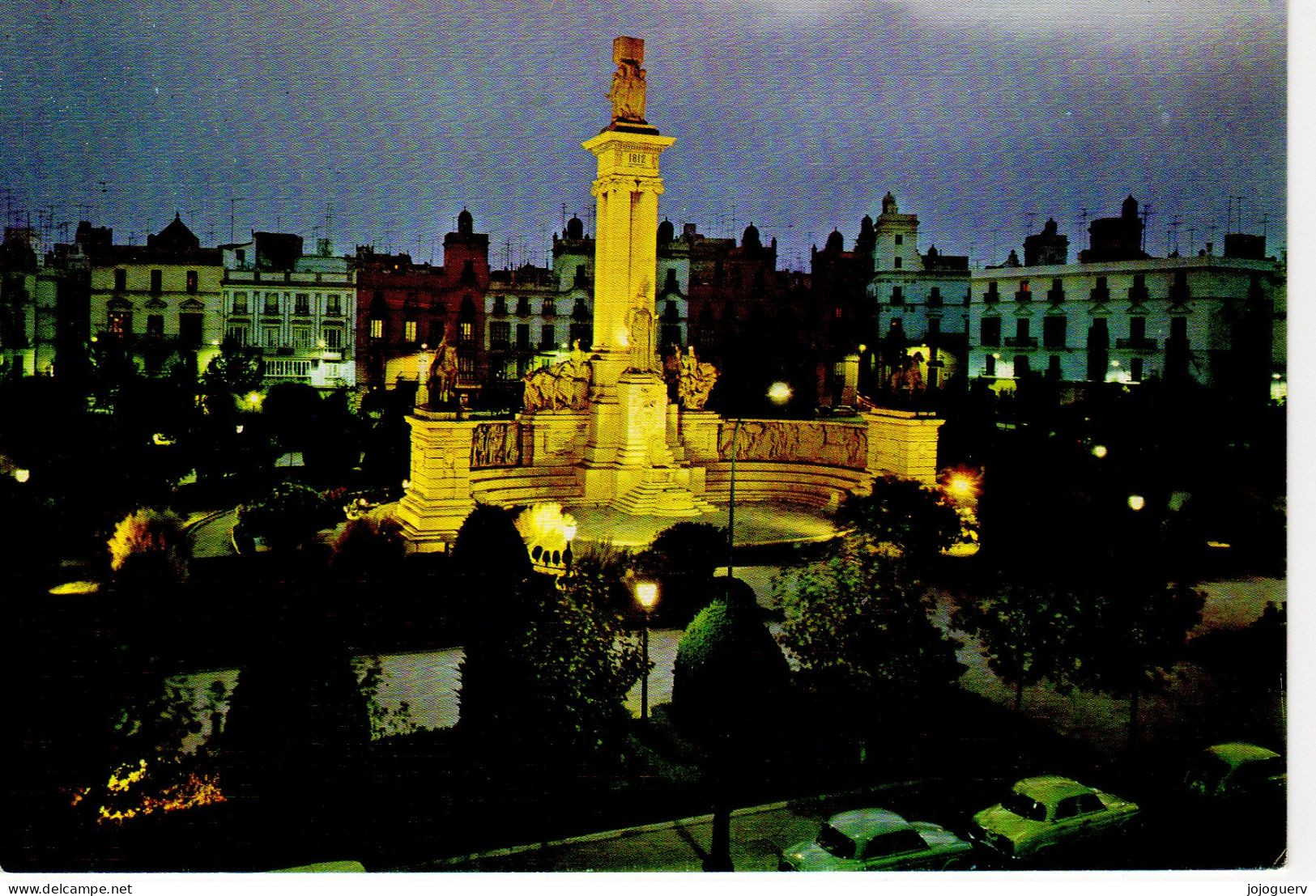 Cadiz Plaza De Espana Y Monumento A Les Cortes ( Nocturno , De Nuit ; 2 Scan Taxe De La Insuficiencia... Et Timbre 82 - Cádiz