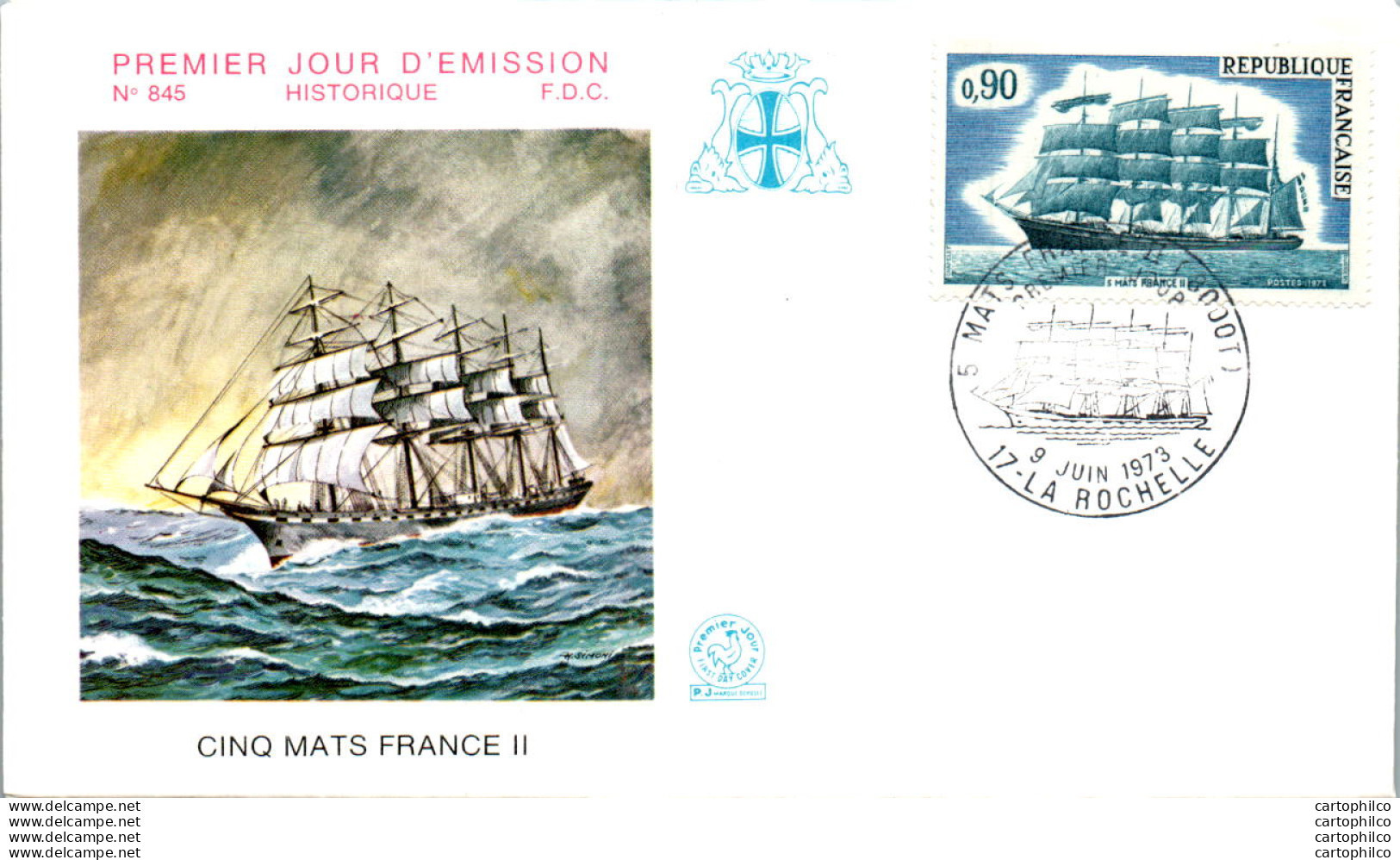 FDC France Cinq Mats France II La Rochelle 19073 Bateau Voilier - 1970-1979