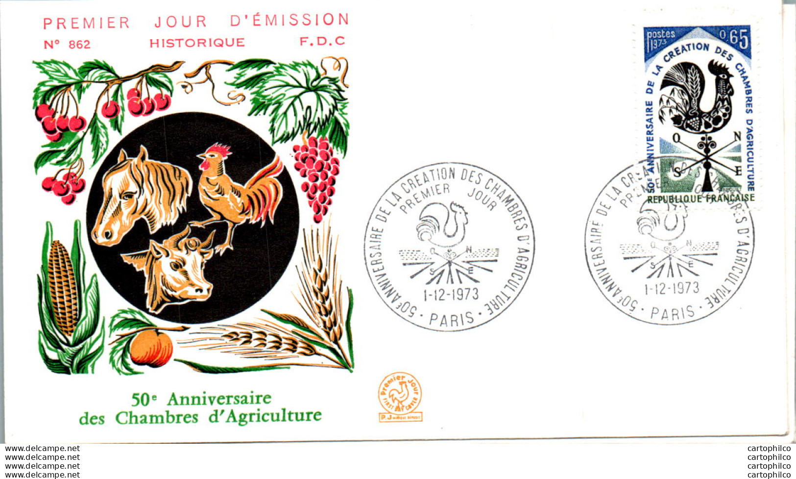 '"''FDC France Chambres D''''Agriculture Paris 19073 Coq Cheval Vache''"' - 1970-1979