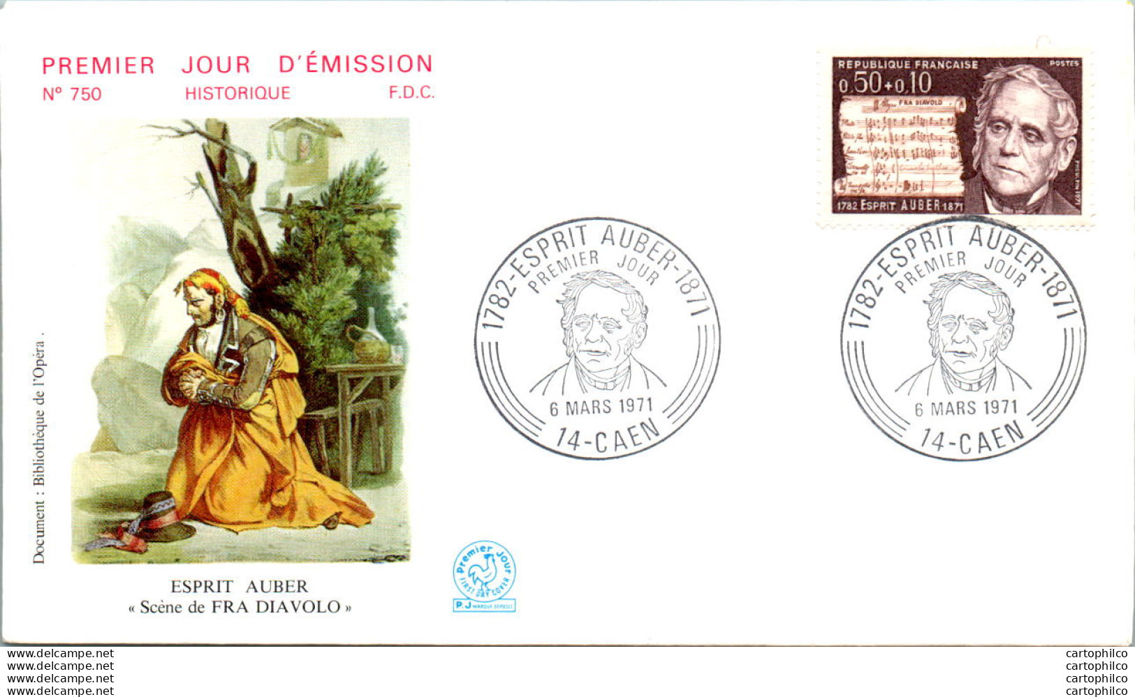 FDC France Esprit Auber Sacene De Fra Diavolo Caen 19071 - 1970-1979