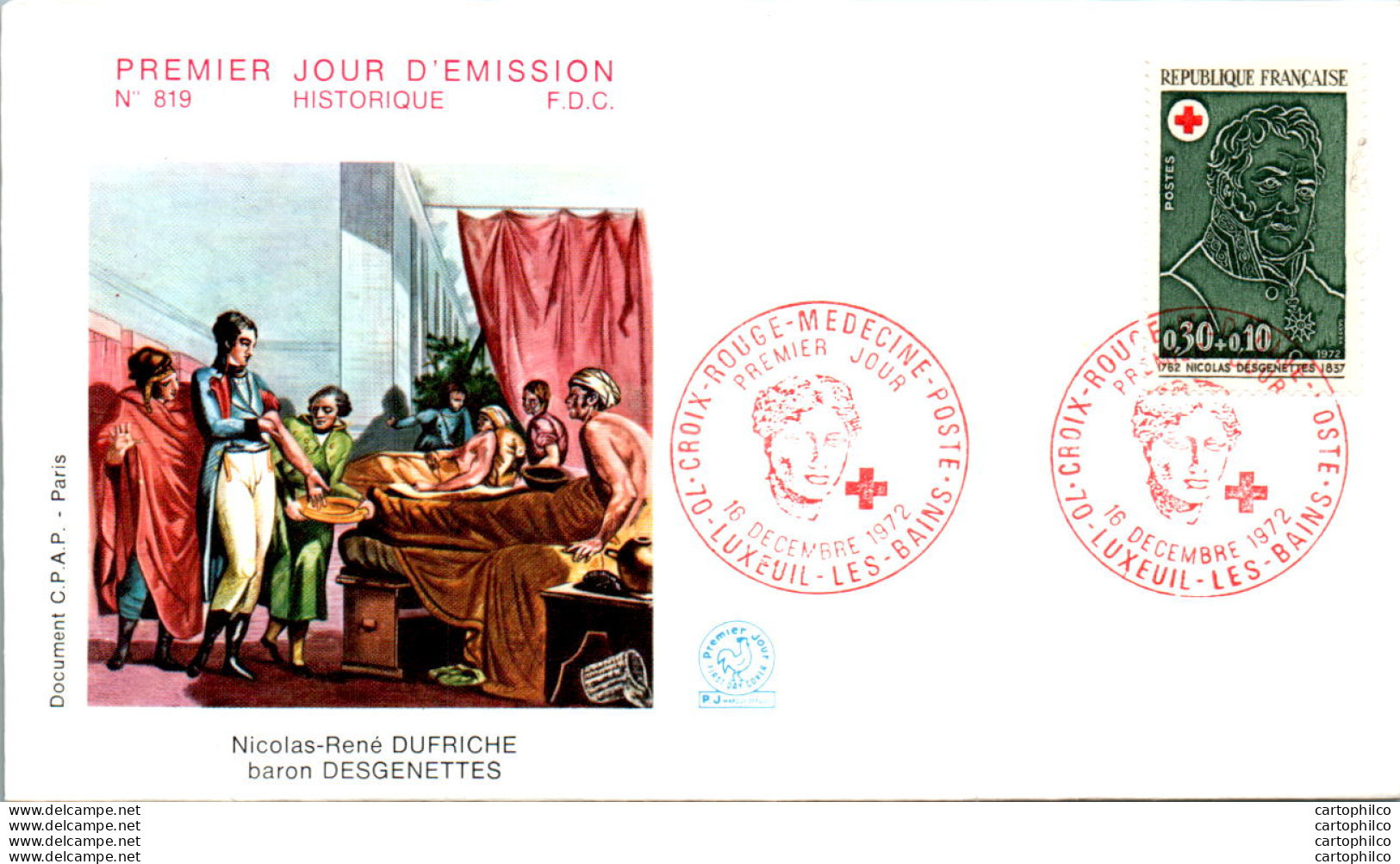 FDC France  Croix Rouge Nicolas Rene Dufriche Baron Desgenettes Luxeuil Les Bains 1972 - 1970-1979